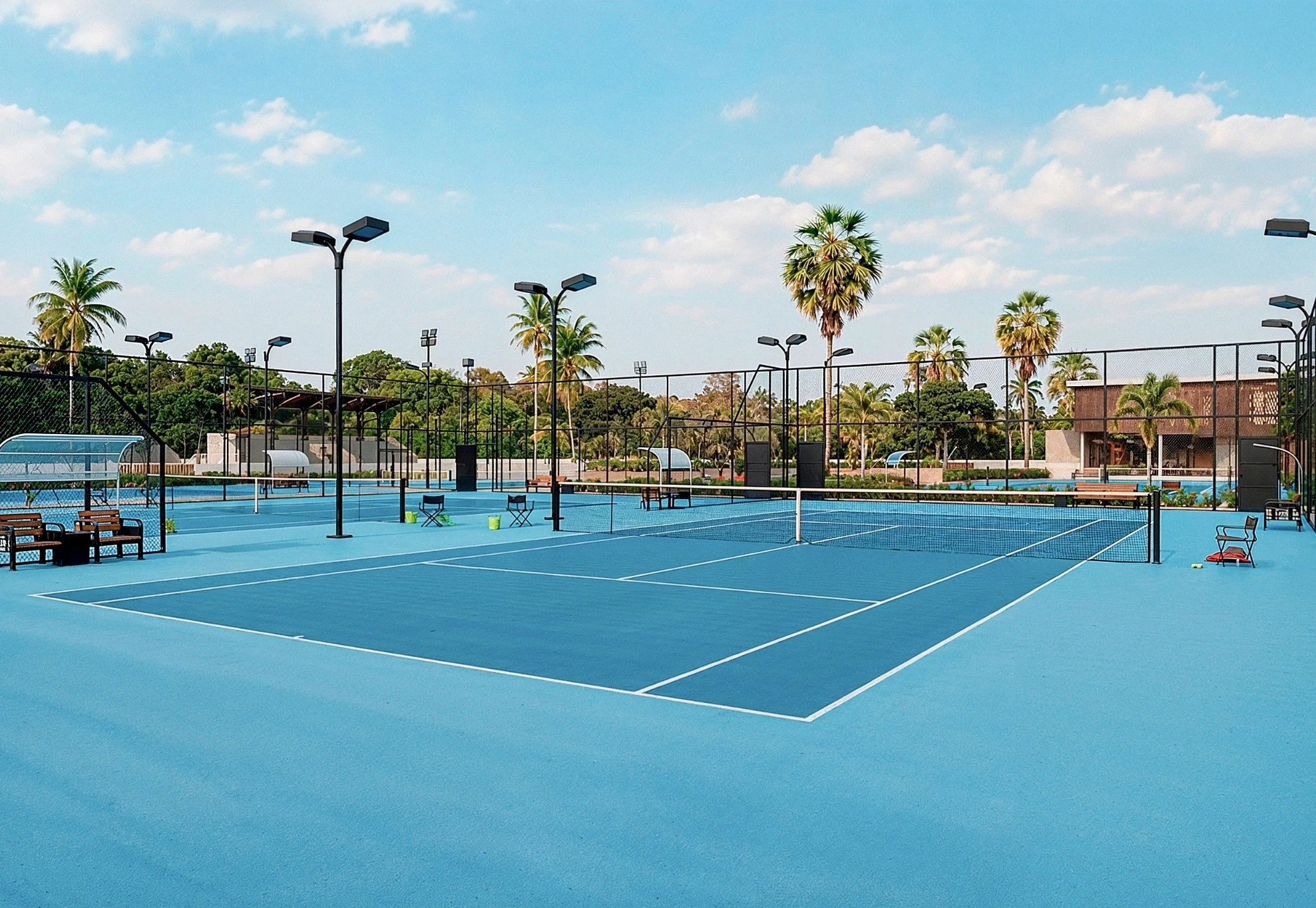 Vista de las canchas de tenis y paisajismo